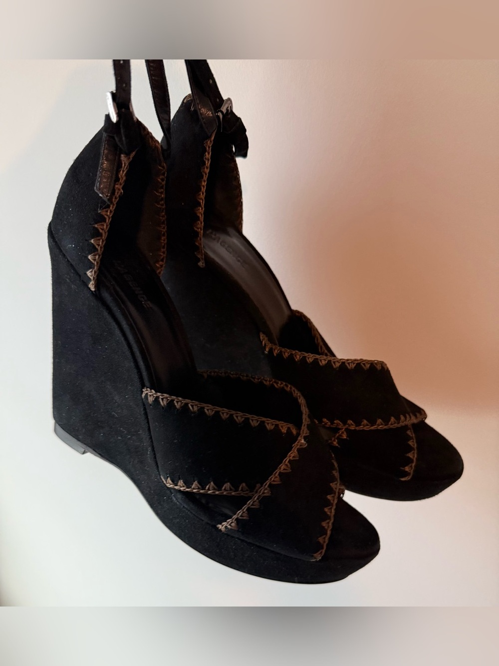 L’AGENCE Black Suede Feel Wedge Sandals with Contrast Tan Stitching Size 40